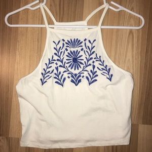 PacSun White w/ Blue Embroidery Crop Top